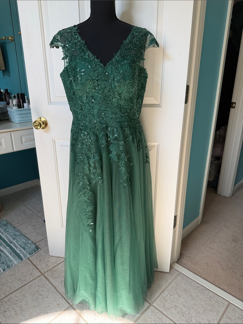 JJ's House Emerald Green Dress with Sheer Mesh Detail: HAS BEEN ALTERED
